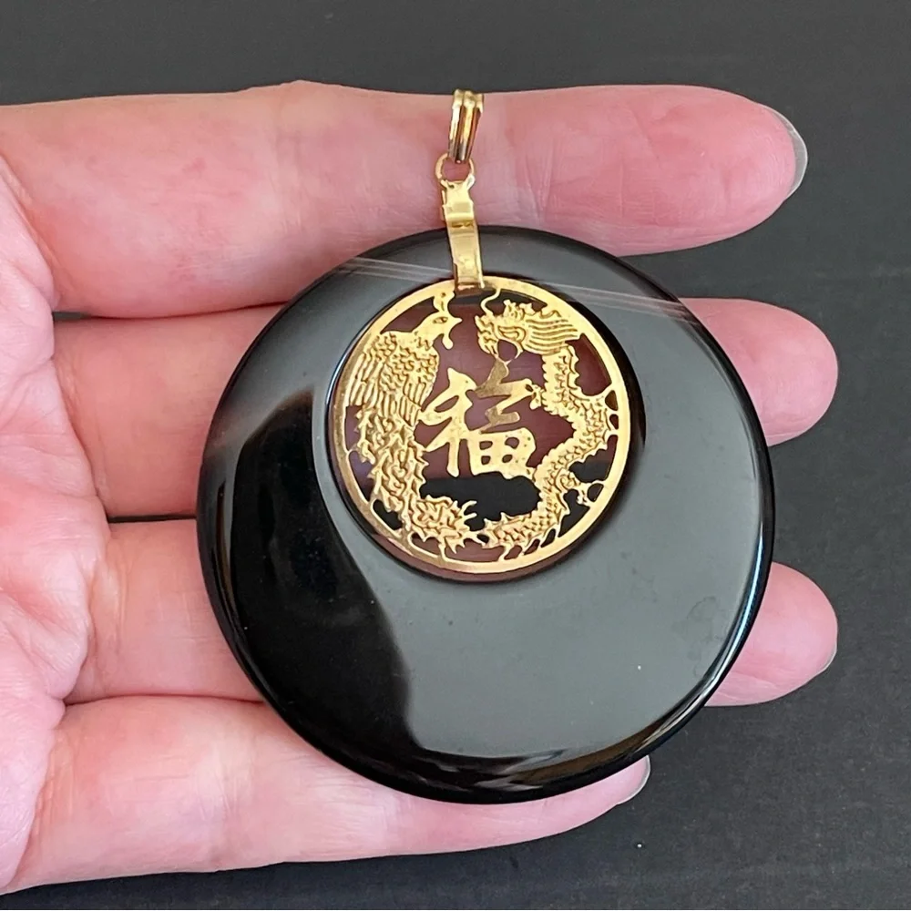 Vintage genuine lace agate Chinese medallion large Pendant